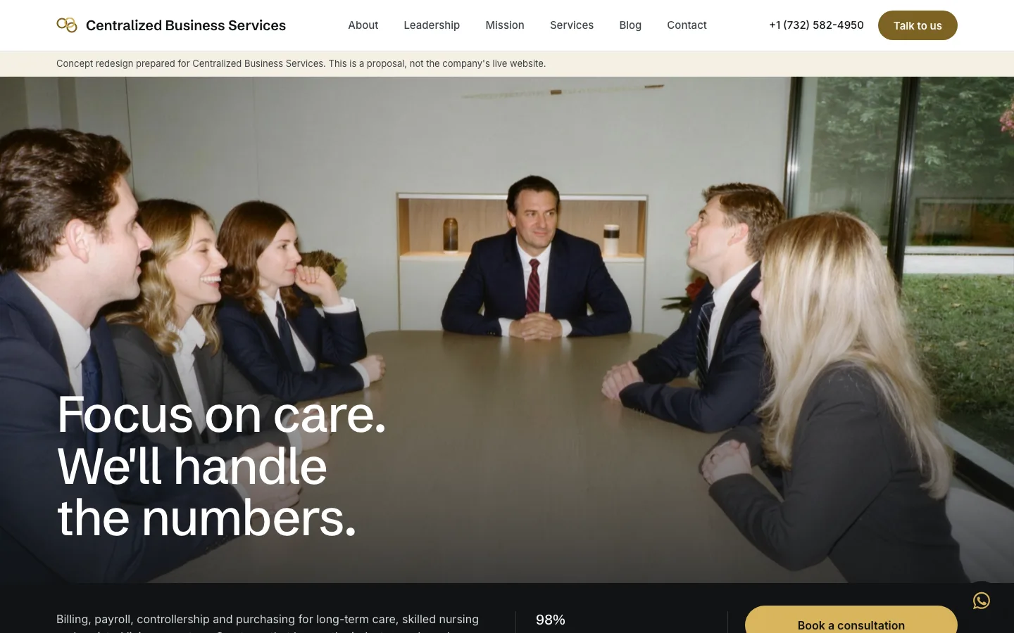 Centralized Business Services homepage: a team meeting around a conference table, with the line Focus on care. We'll handle the numbers.