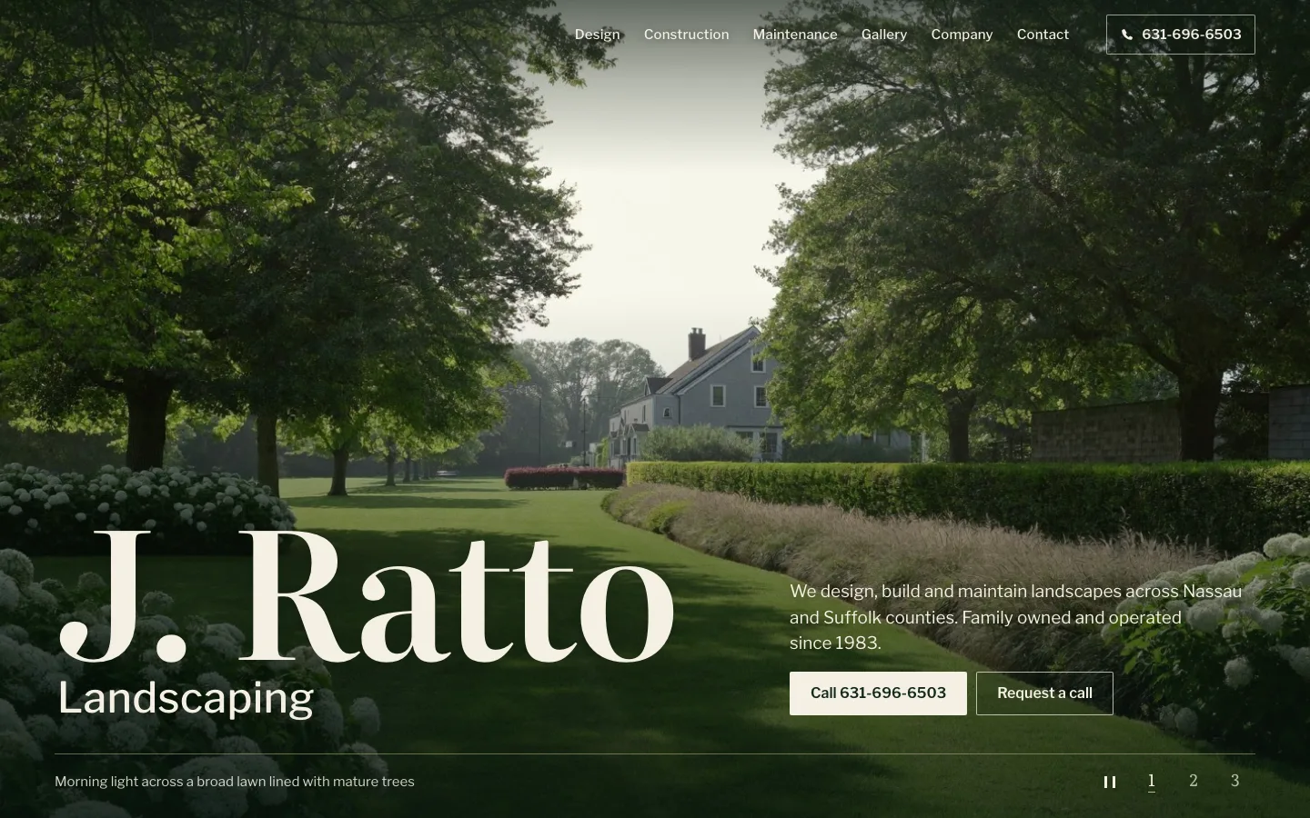 J. Ratto Landscaping homepage: a long green lawn lined with trees and planting, with the company name in a sturdy serif.