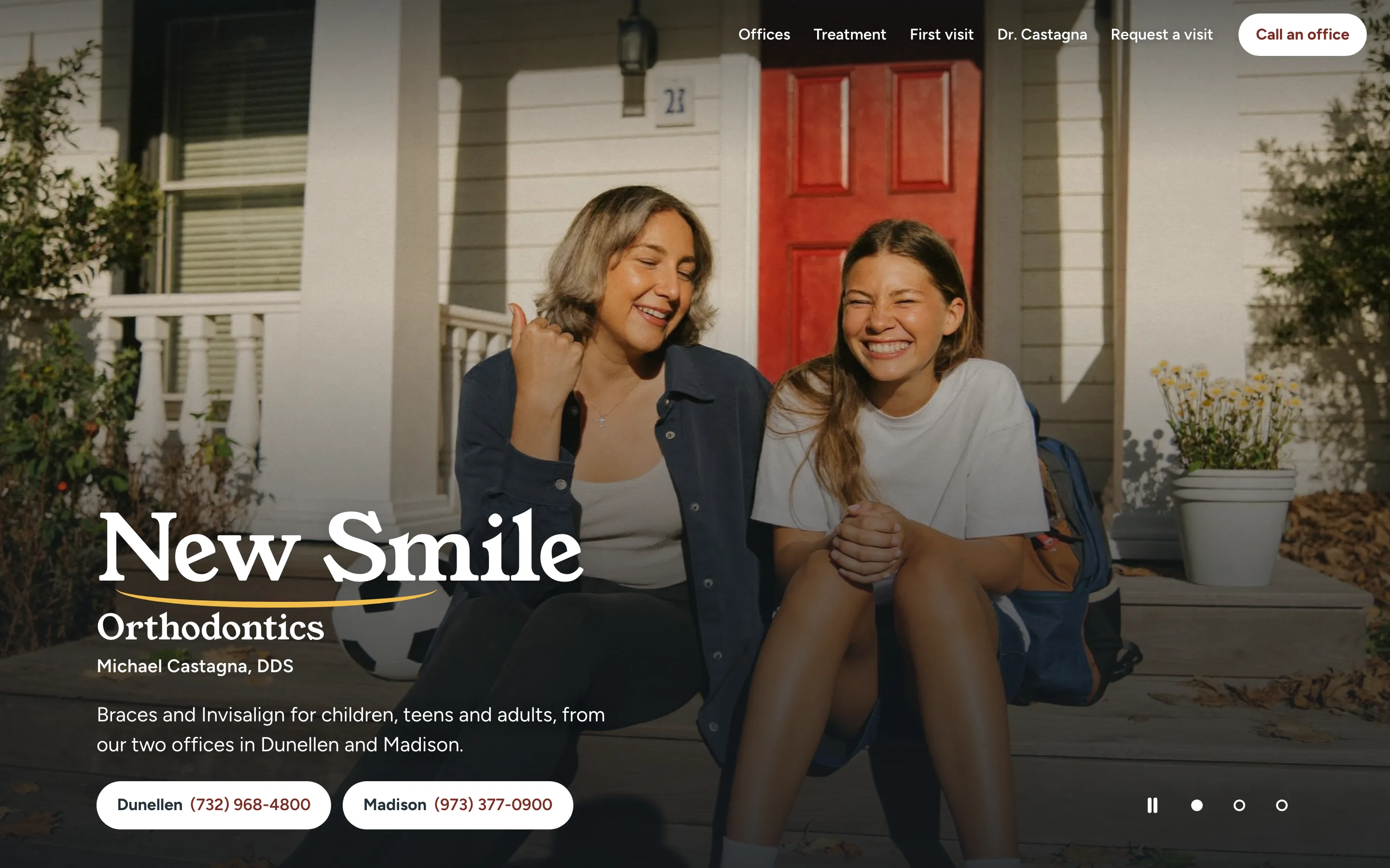New Smile Orthodontics homepage: two smiling teenagers on a front porch beside a red door, with the practice name and buttons for each office.