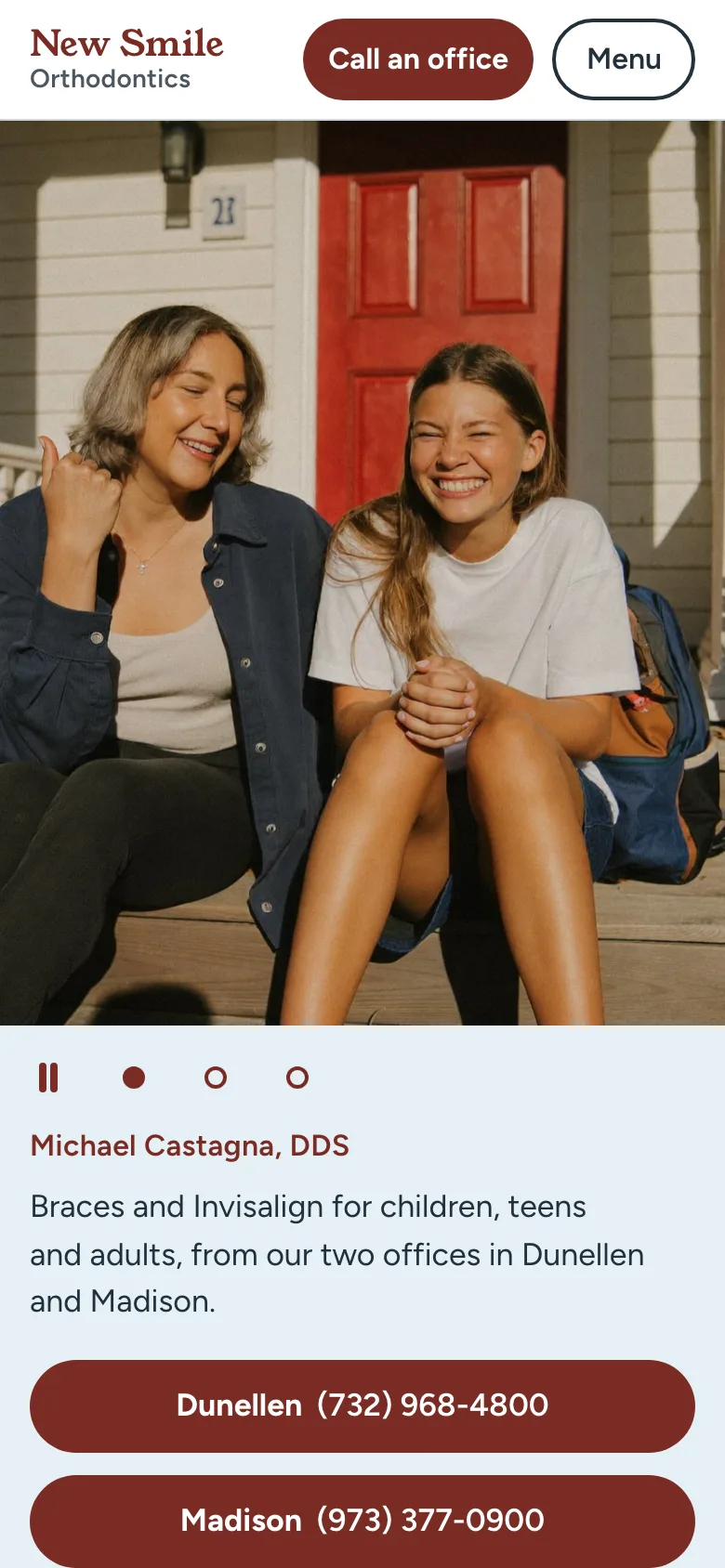 New Smile homepage on a phone: the porch photograph with its subjects clear, followed by a short introduction and a call button for each office.
